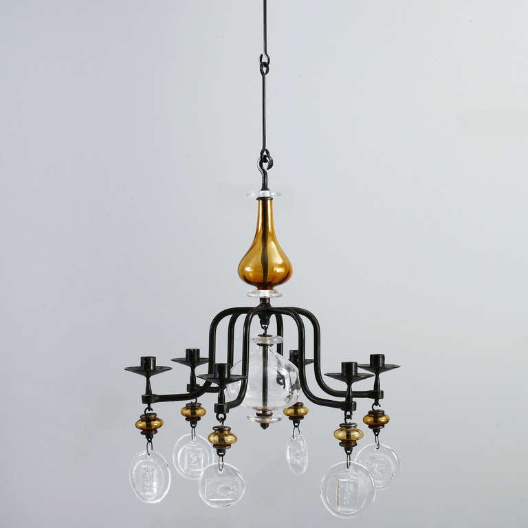 Erik Hoglund 6 light Chandelier with Amber Glass