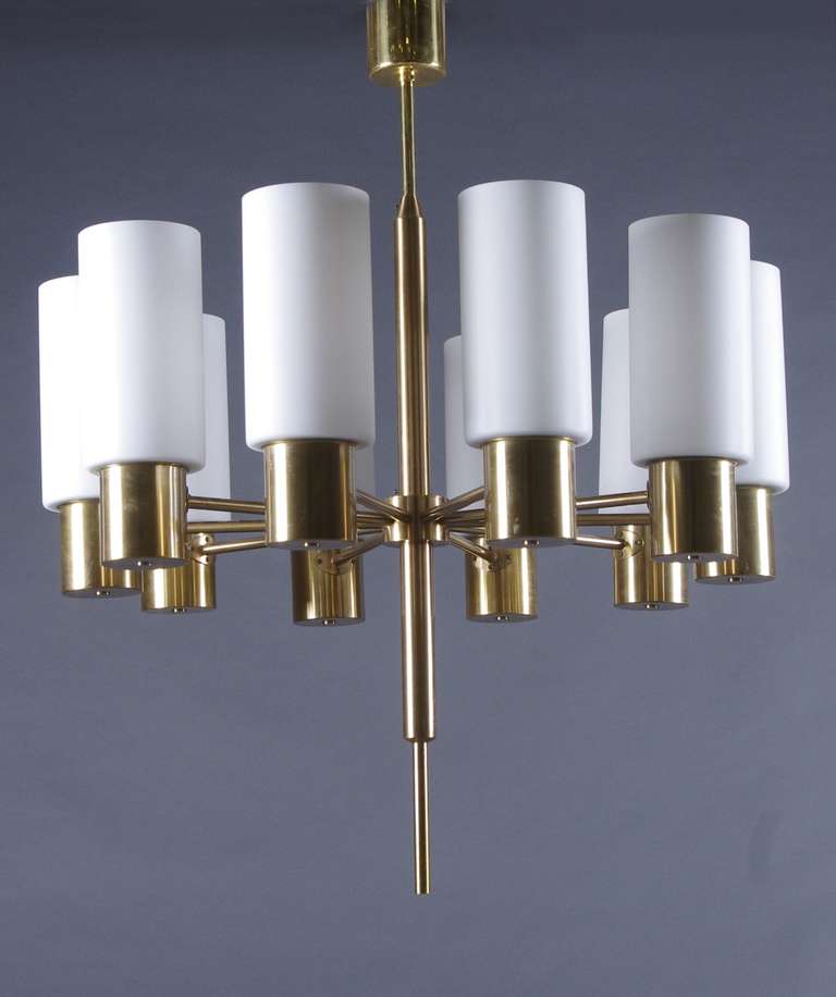 Very Elegant Brass & Opaline Glass 10-Light Chandelier by LUXUS For Sale 1