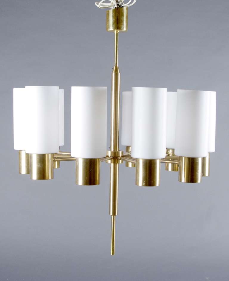 Very Elegant Brass & Opaline Glass 10-Light Chandelier by LUXUS For Sale 2