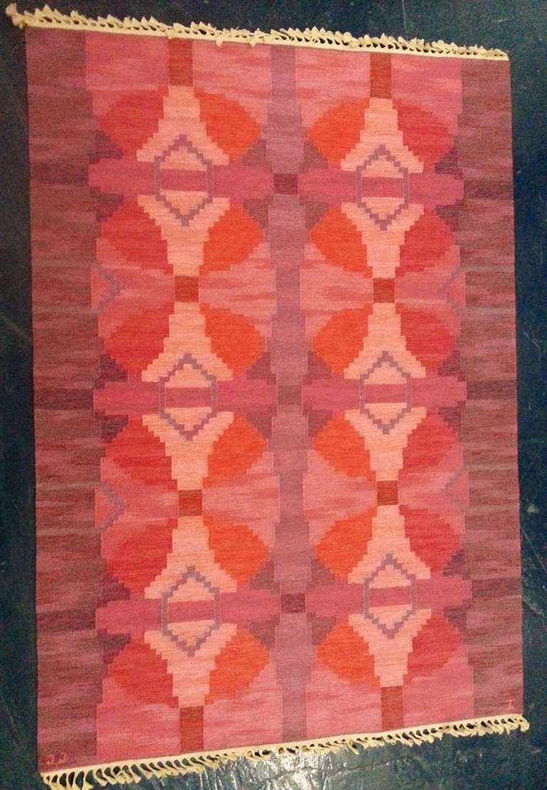 Swedish Vintage Flatweave Rug by Judith Johansson 
Ca.1960 
In mint condition, never been used!
Provenance: The estate of the artist
Size: length without fringes 111in. (9.25ft) with 117.5in (9.8ft)
Width 77.5in (6.45ft)