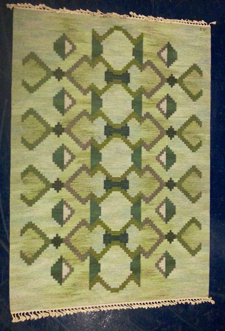 Swedish Vintage Flatweave Rug by Judith Johansson 
Ca.1960 
In mint condition, never been used!
Provenance: The estate of the artist
Size: length without fringes 112.5in. (9.375ft) with 118in. (9.83ft)
Width 77.25in (6.44ft)