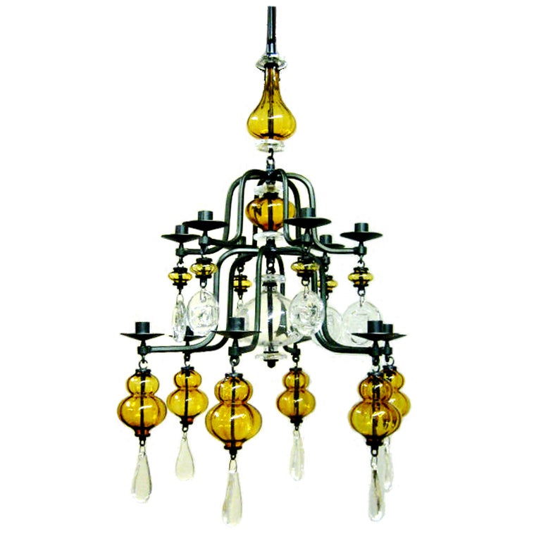 Beautiful 12 Arm Amber & Clear-Glass Chandelier By Erik Hoglund For Sale