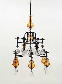 Mid-Century Modern Beautiful 12 Arm Amber & Clear-Glass Chandelier By Erik Hoglund For Sale