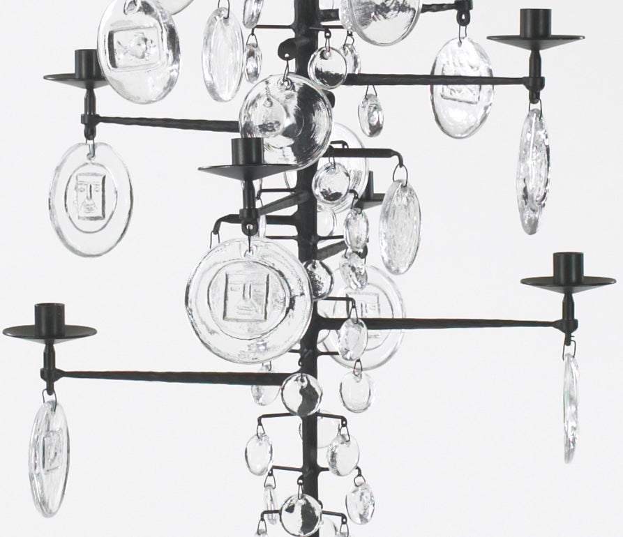 Mid-Century Modern Rare 16 Arm Clear-Glass Wrought-Iron Chandelier For Sale