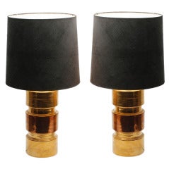 A Pair of Large Bergboms Gilded Ceramic Table Lamps Sweden c.1965