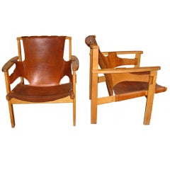Pair of Carl Axel Acking 'Trienna' Oak & Leather Lounge Chairs