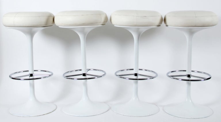 4 Barstools in White Leather Metal & Chrome by Johanson Design in Markaryd, Sweden