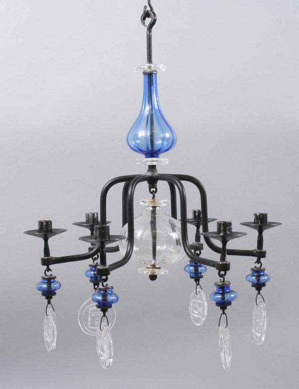 Erik Hoglund 6-light Wrought-Iron & Blue Glass Chandelier