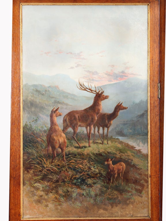 19th century solid Oak four-fold screen, depicting deer hunting scenes.

The four oil paintings on canvas are all signed and dated, 