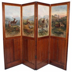 Vintage 19th Century Oak Screen with Oil Paintings by Paul Frenzeny