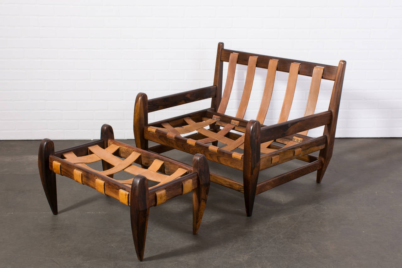 Leather Rosewood Lounge Chair and Ottoman by Jean Gillon