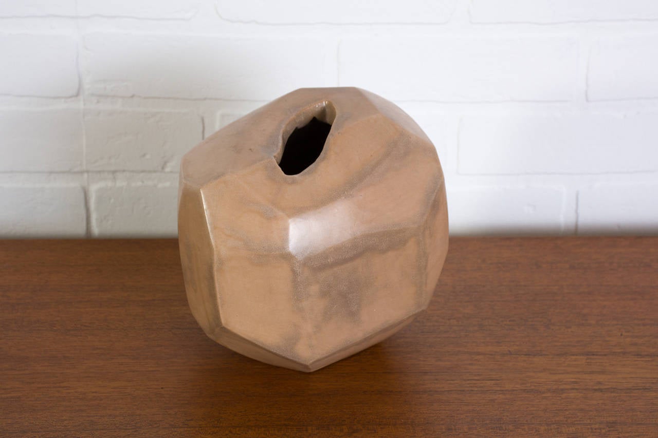 This is a vintage geometric ceramic vase by Virginia Rogers.