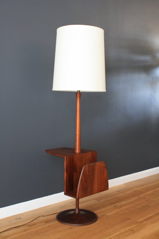Danish Modern Solid Walnut Floor Lamp with Table/Mag Rack