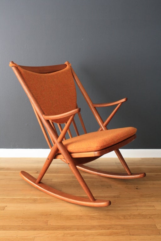 This vintage Mid-Century rocker was designed by Frank Reenskaug for Bramin. It has been professionally reupholstered in Kvadrat fabric.