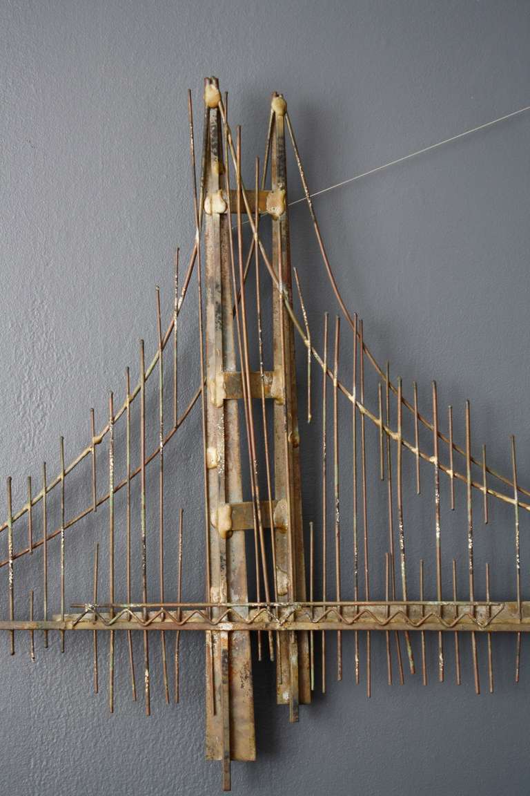 Vintage Mid-Century Metal Golden Gate Bridge Wall Sculpture by Curtis Jere In Good Condition In San Francisco, CA