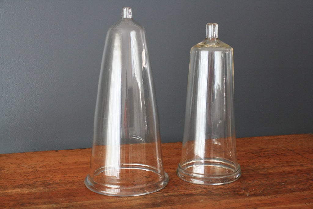 This unique pair of vintage glass domes/cloches could be used to display many different things, such as art objects, memorabilia, or plants.  Each one has a hole at the top allowing air in.