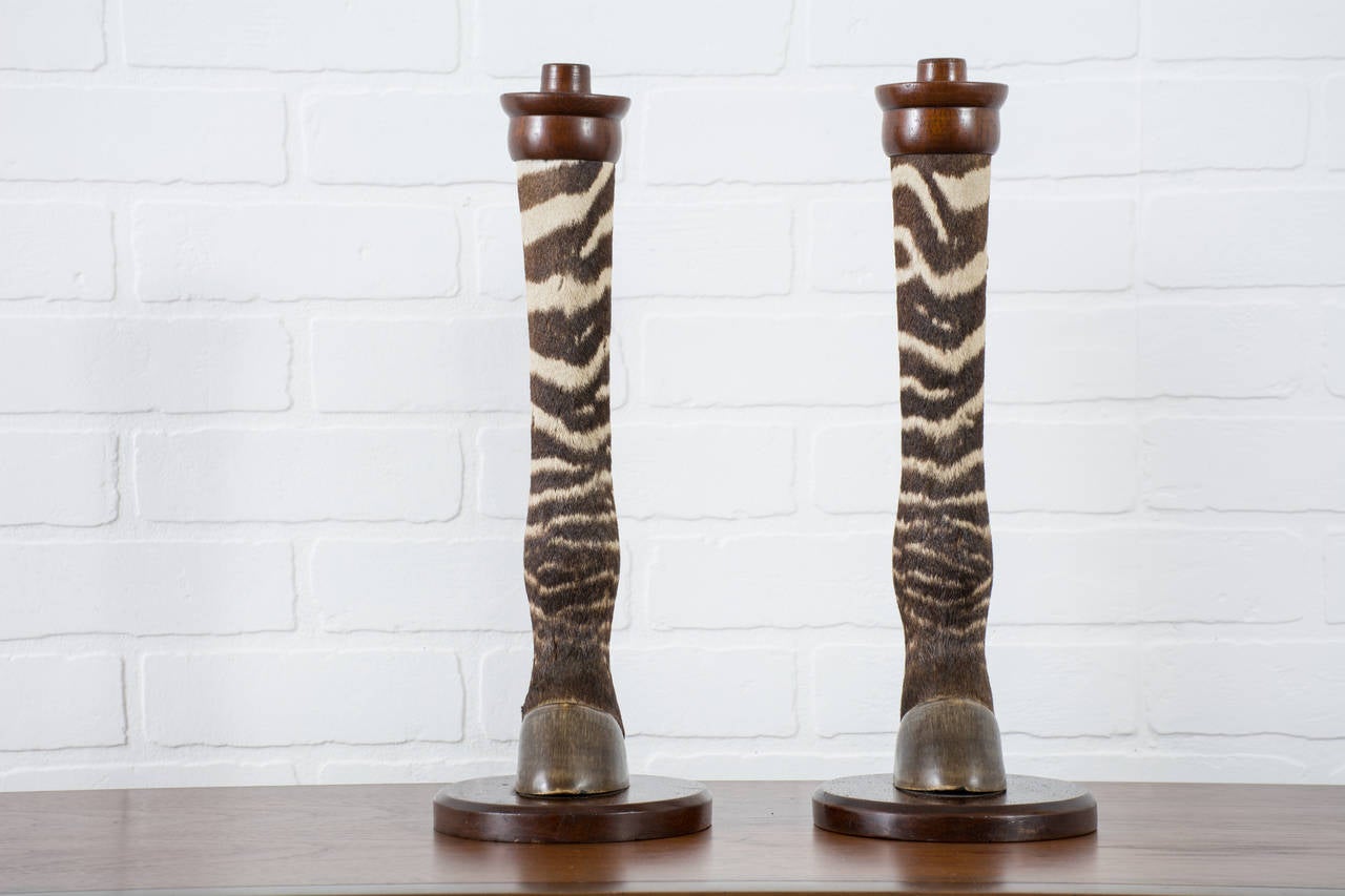 This is a pair of vintage taxidermy zebra hoof candle holders.