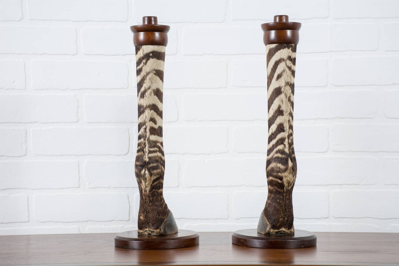 Pair of Vintage Taxidermy Zebra Hoof Candle Holders In Excellent Condition In San Francisco, CA