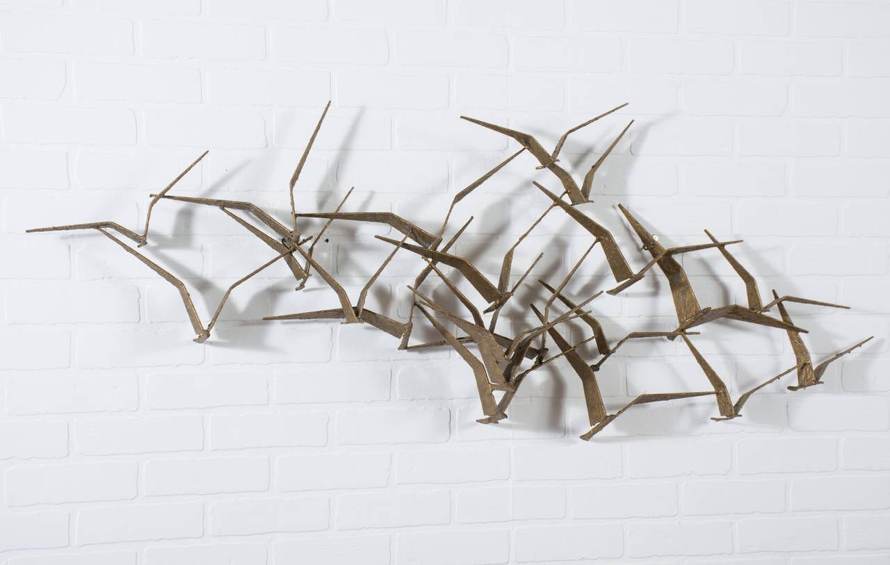 Mid-Century Modern Vintage Gold Brutalist 'Birds in Flight' Wall Sculpture by Curtis Jere