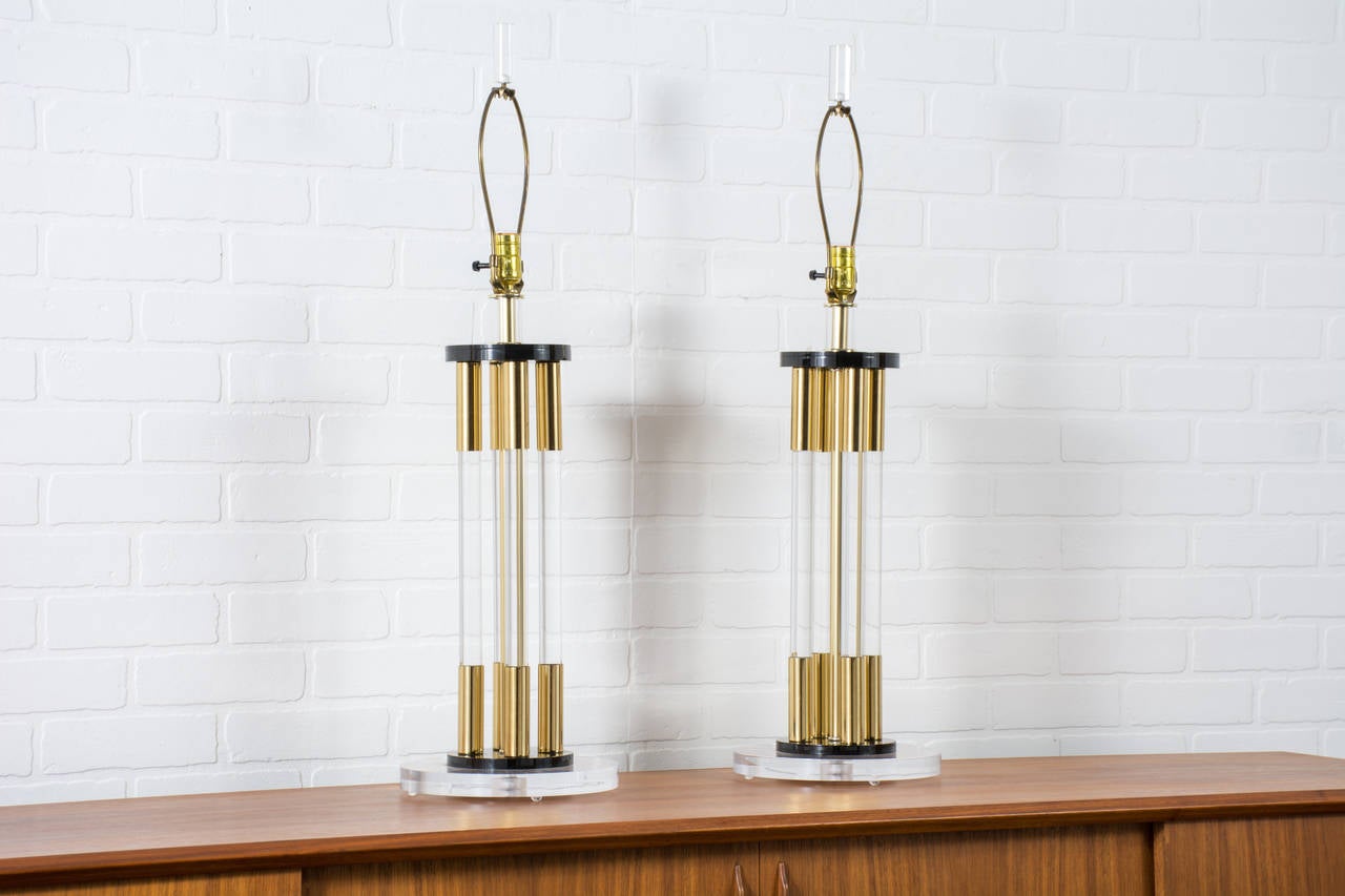 Mid-Century Modern Pair of Vintage Lucite & Brass Table Lamps