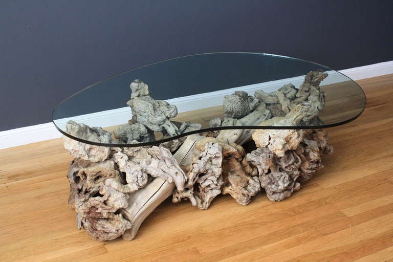 This is a vintage Mid-Century coffee table with a driftwood base and a kidney shaped glass top.