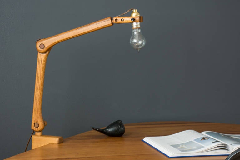 Mid-Century Modern Vintage Oak Articulated Task Lamp with Clamp