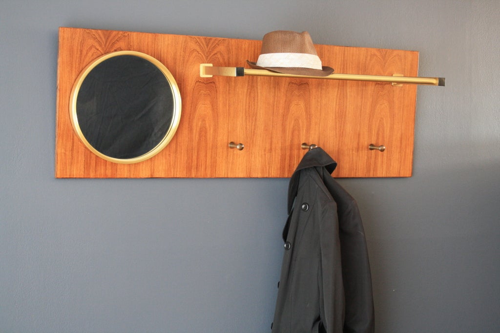 Vintage Rosewood Mirror with Shelf & Hooks by Glas Master
