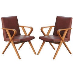 Mid-Century Modern Thonet Bentwood Upholstered Armchairs, Pair
