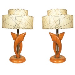 Yasha Heifetz Free-Form Oak and Brass Table Lamps, Pair