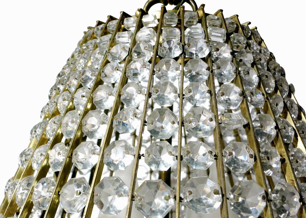 Mid Century Austrian Brass Crystal Beaded Chandelier In Excellent Condition In Van Nuys, CA
