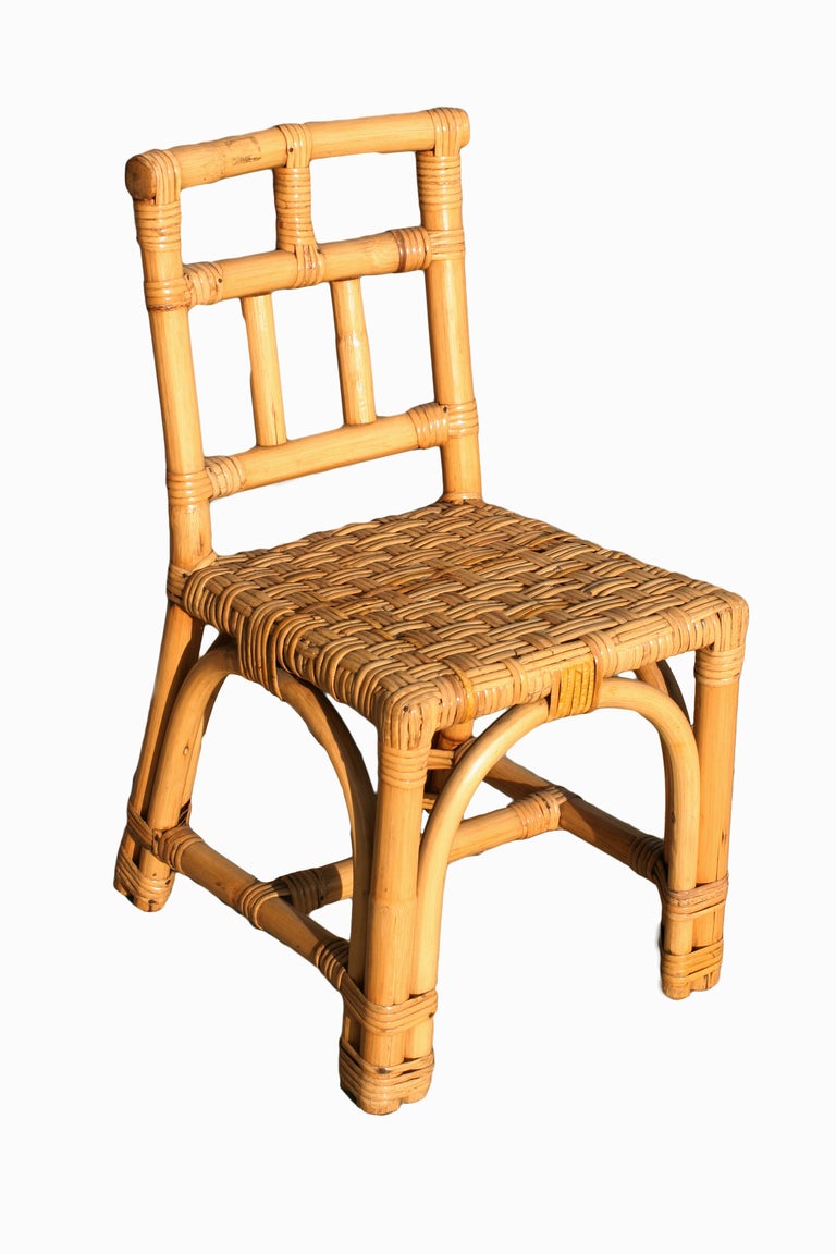 Child's Rattan and Mahogany Vanity with Matching Chair In Good Condition In Van Nuys, CA