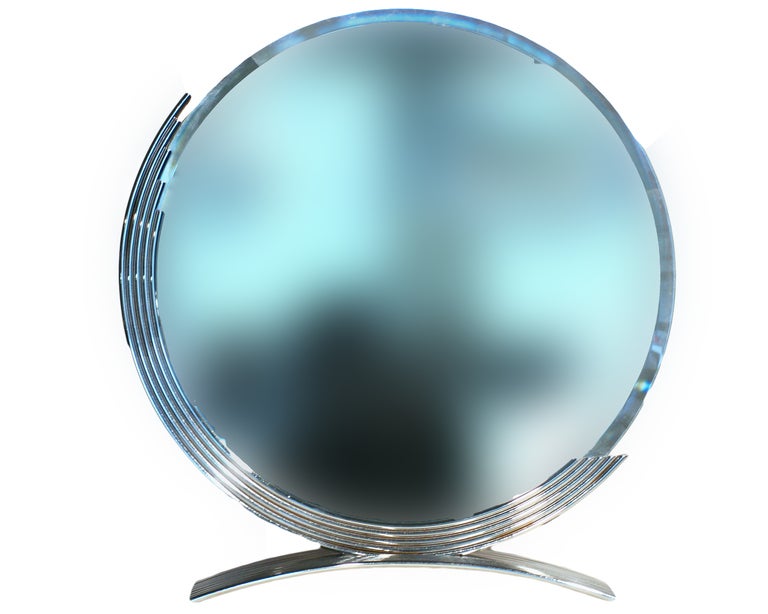 American Round Art Deco Style Table Mirror with Chrome Base