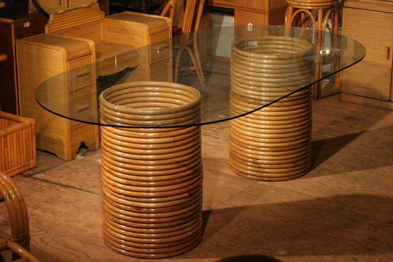 Restored Rattan Desk or Dining Table with Glass Top in style of Paul Frankl
