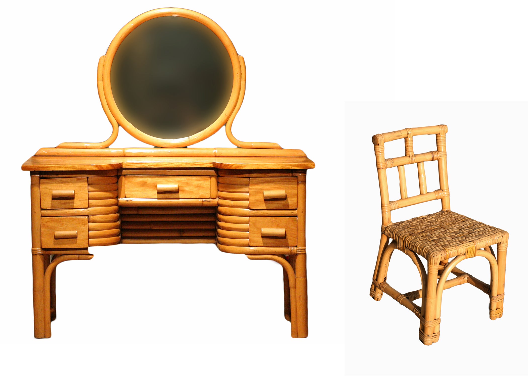 Child's Rattan and Mahogany Vanity with Matching Chair