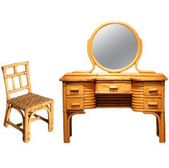 Child's Rattan and Mahogany Vanity with Matching Chair