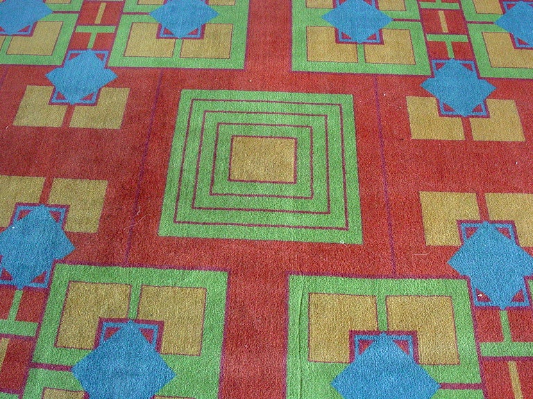 This four-color Art Deco carpet was originally in the Arizona Biltmore Hotel built in 1929. 
One of the only existing luxury hotels in the world with a Frank Lloyd Wright-influenced design, The Arizona Biltmore has been an Arizona landmark since its