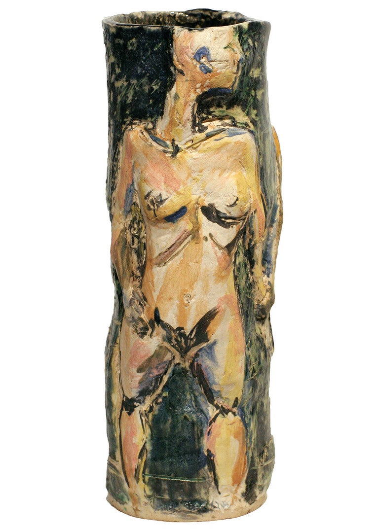 This utterly original pottery vase created in California during the 1970s.
It features a depiction of a male and female nude rendered in a deconstructed, painterly manner very much in the spirit of the work of Willem de Kooning.
The vessel is