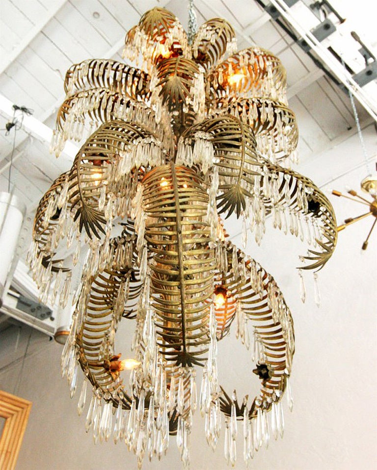 French Art Deco Gilded Bronze & Crystal Palm Chandelier In Excellent Condition In Van Nuys, CA