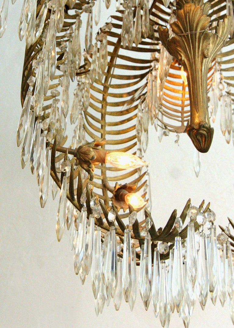 Mid-20th Century French Art Deco Gilded Bronze & Crystal Palm Chandelier