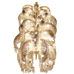 French Art Deco Gilded Bronze & Crystal Palm Chandelier