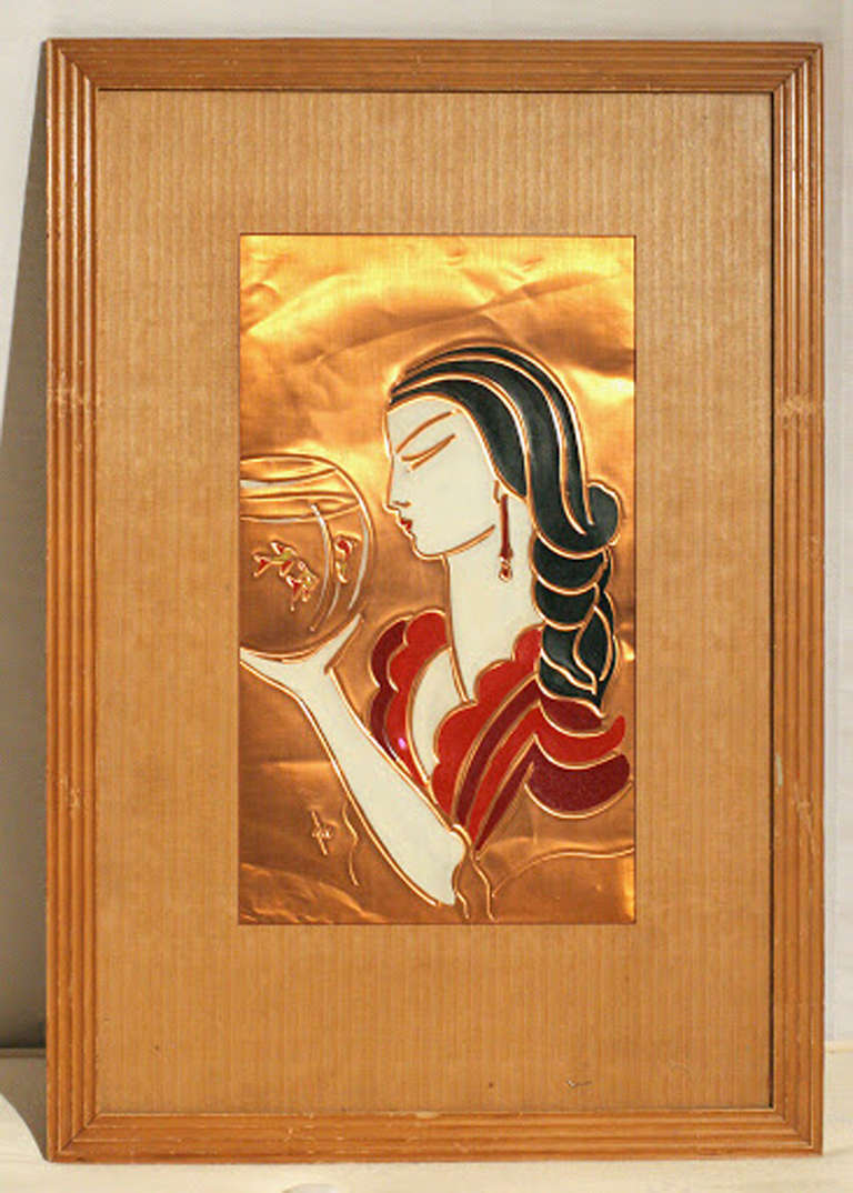 Pair of J.W. signed raised relief copper wall Art figural representation elegantly framed in 1950s modernist frames with woven grass mat backdrop. Each copper relief depicts a female portrait and together making a beautiful diptych.