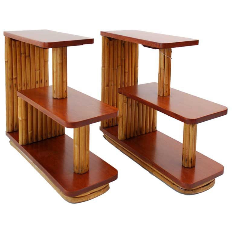 Restored Mahogany & Stacked Rattan Three-Tier Side Tables, by Paul Frankl, Pair