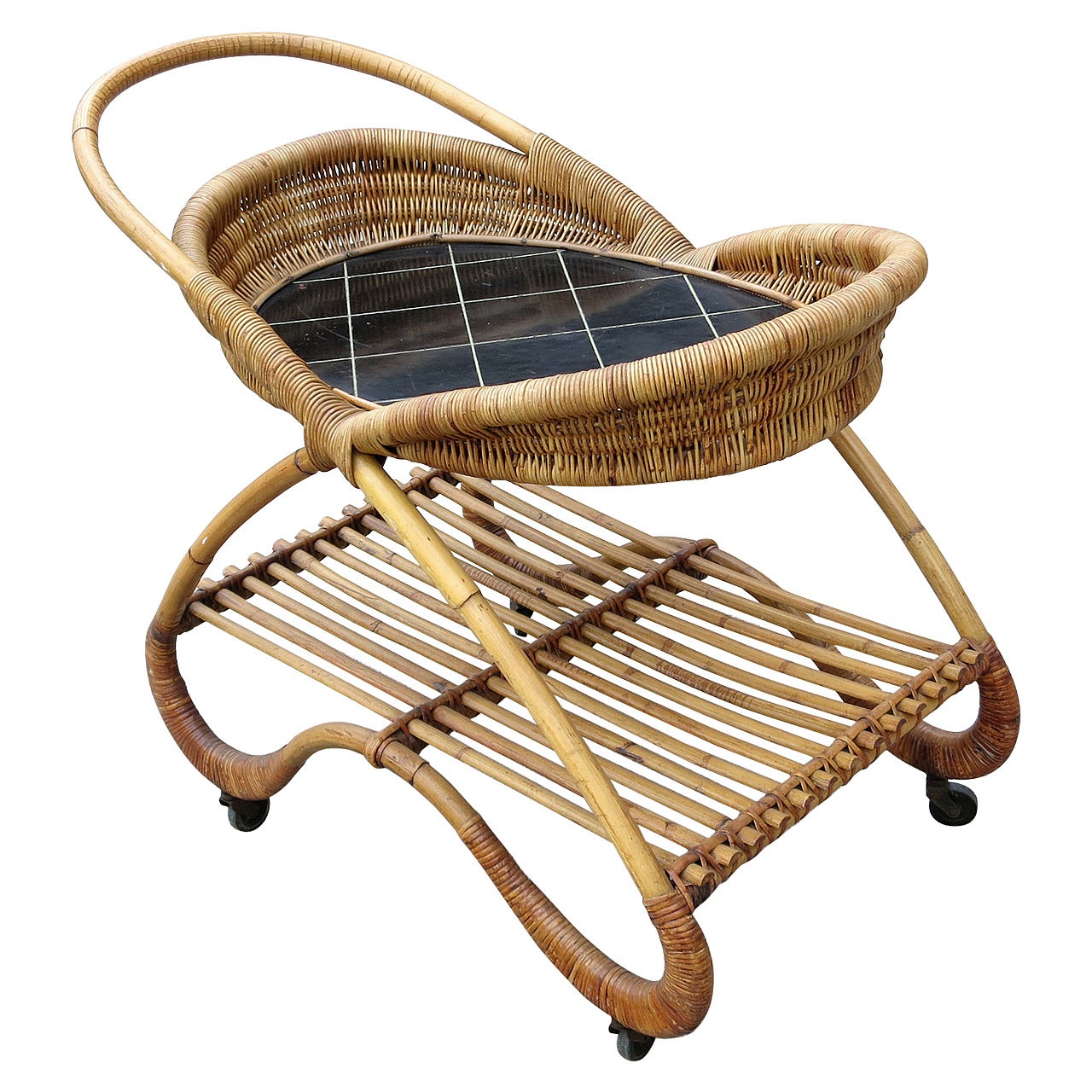 Restored Free-Form Rattan Bar Cart with Tile Top