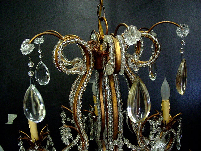 1920s Florentine Beaded Crystal and Brass Six-Arm Chandelier In Excellent Condition In Van Nuys, CA