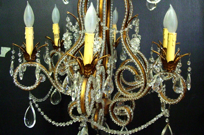 20th Century 1920s Florentine Beaded Crystal and Brass Six-Arm Chandelier