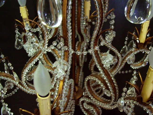 1920s Florentine Beaded Crystal and Brass Six-Arm Chandelier 1