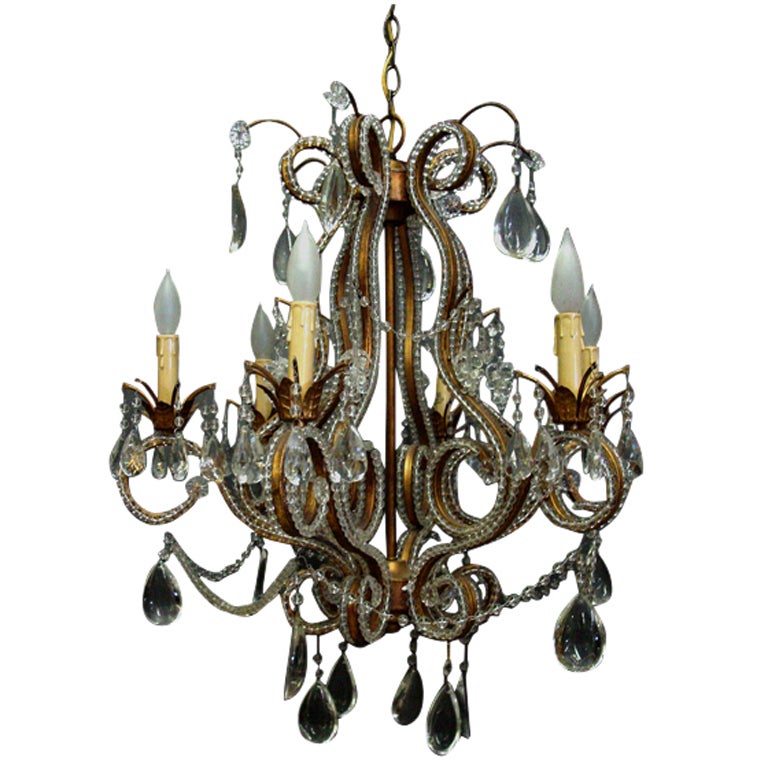 1920s Florentine Beaded Crystal and Brass Six-Arm Chandelier