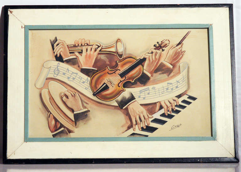 Very rare Carlo of Hollywood Mid-Century watercolor painting featuring a full jazz band with an array of musical instruments and scrolling music notes. The painting comes in the original frame crafted by the Carlo of Hollywood studio. 

Signed