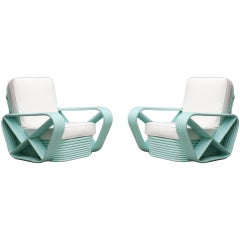Restored Teal Square Pretzel Stacked Rattan Armchairs in Style of Paul Frankl