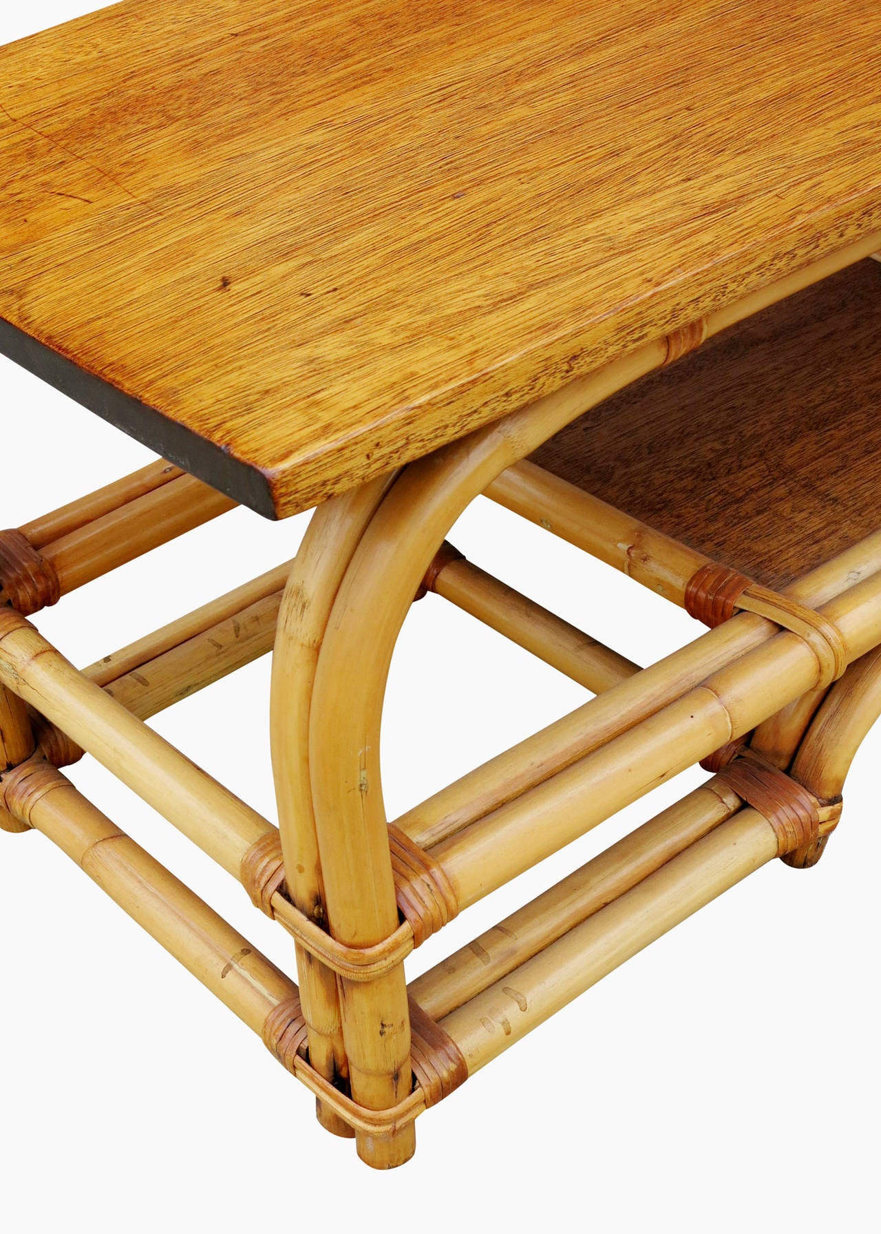 Restored Two-Tier Rattan Coffee Table with Mahogany Top In Excellent Condition In Van Nuys, CA